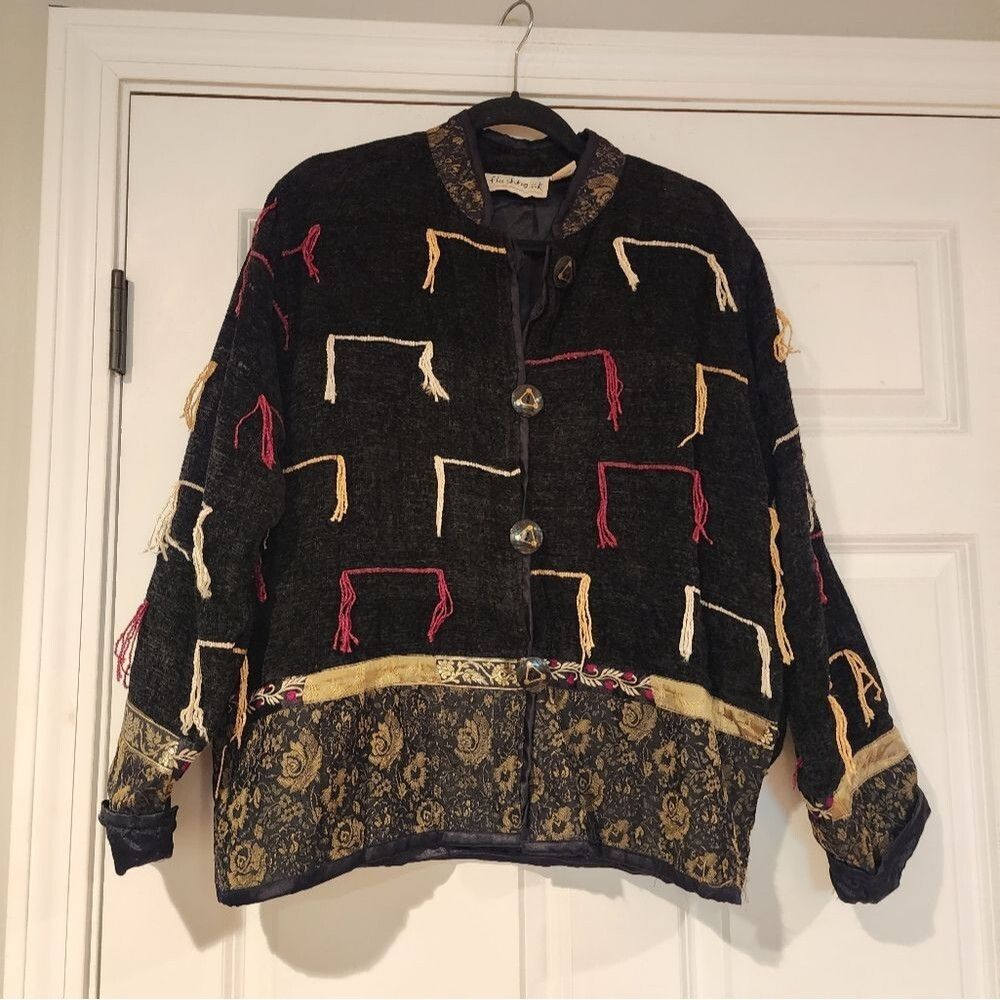 Flashback black fringe and floral detail button up jacket M